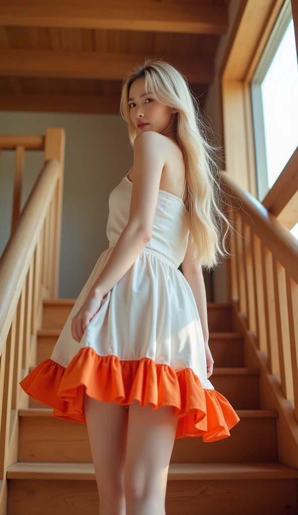 A young woman with short, blonde hair and blue eyes, depicted in an ultra realistic photo style, stands outdoors on a sunny day. She is wearing a sleeveless red very short dress with thin straps, showing her back and shoulders and buttocks. She is smiling and looking over her shoulder with a playful expression, her cheeks slightly blushed. The background features a bright blue sky with a few wispy clouds, a green tree, and a simple building with a small window. The overall color palette is vibrant, with strong contrasts and clear outlines typical of anime illustrations. distant full body view, ultra realistic, vibrant colors, 8k