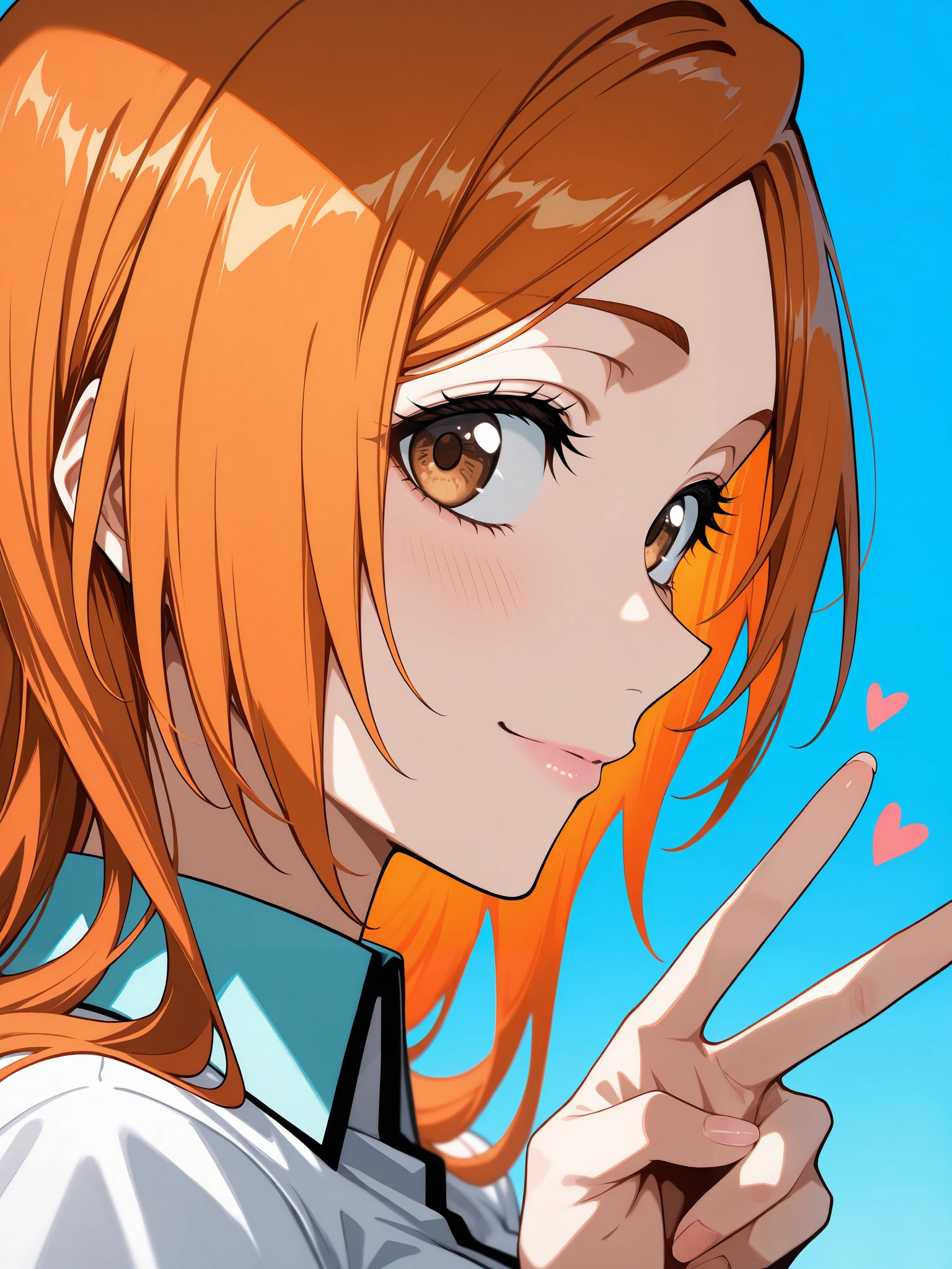 masterpiece, best quality, amazing quality, very aesthetic, absurdres, newest, scenery,highly detailed,high-resolution,close-up portrait,female,woman,inoue orihime,bleach,orange hair,long hair,brown eyes,fair skin,glossy texture,pink lips,white collared shirt,simple background,blue background,v sign,one hand,heart,focused subject,sharp focus,medium depth of field,slight smile,looking at viewer,from the side,clean lines,smooth lines,sharp,masterpiece, best quality, amazing quality, very aesthetic, absurdres, newest, scenery
