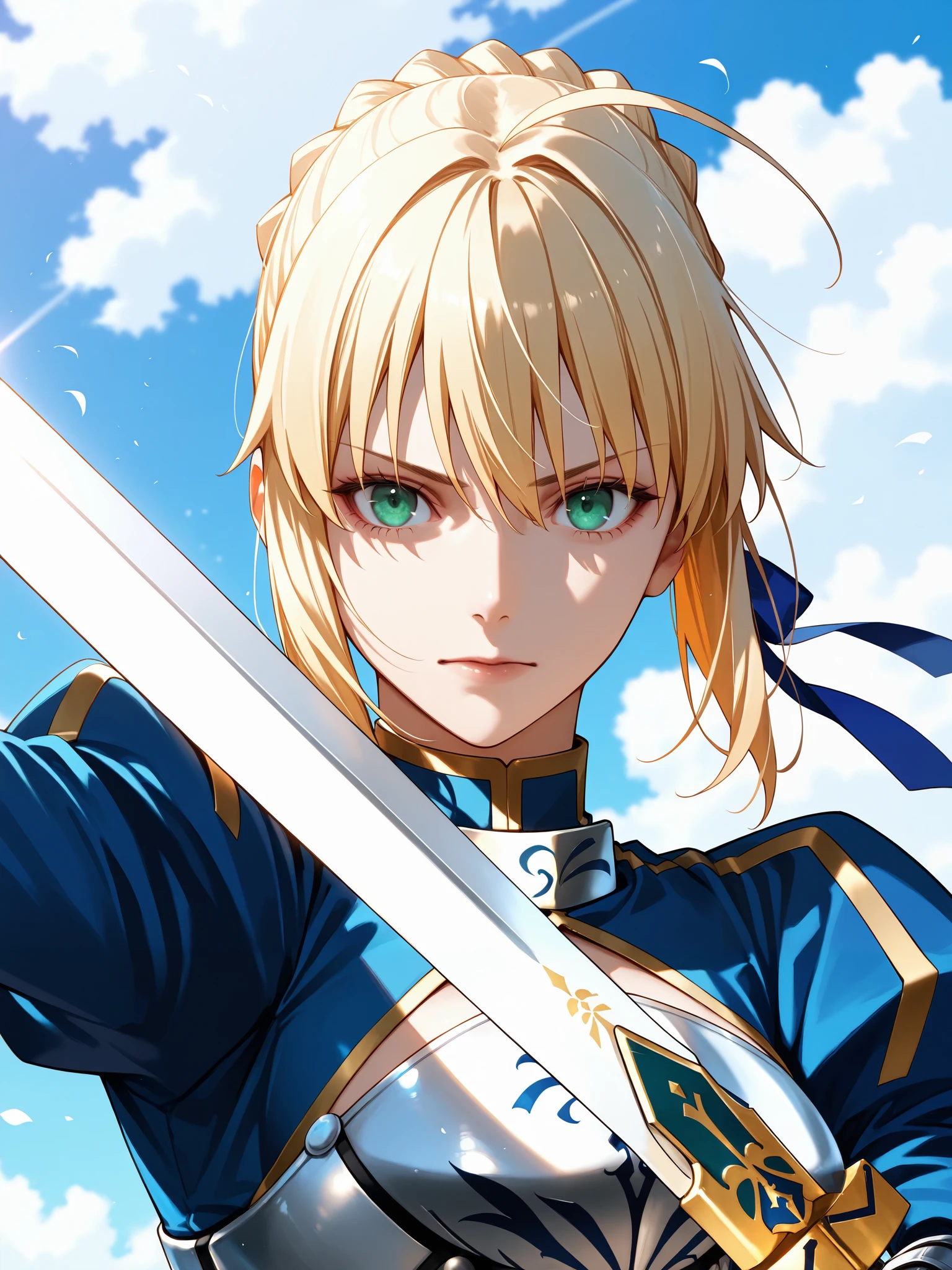 masterpiece, best quality, 2.5D, realistic, ,weapon, holding sword, 1girl, saber, fate_(series), 1girl, blonde_hair, green_eyes, tied hair
