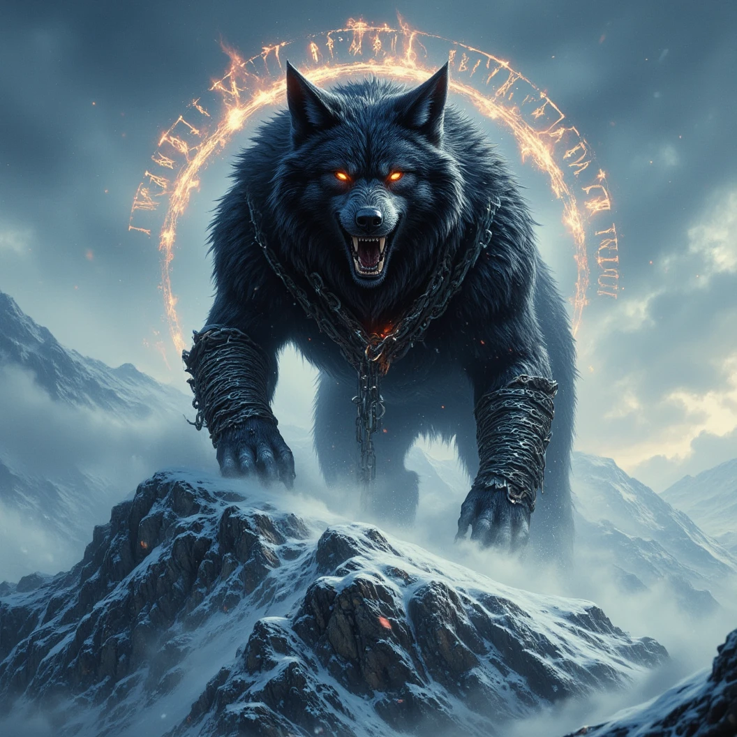 Ginormous black wolf sits like a guard at the peak of a snow covered mountain, looking over a snowfilled valley. Facing viewer. The wolf snarling and his eyes are fiery. His pelt is scarred and his body is wrapped in chains. A blizzard wails around him, blowing his thick black fur. Snow falling fast and being blown around. Fiery Viking runes appear in the sky behind him. The name "Cajun Fenrir" sketched in fiery letters between the runes in the sky. Dynamic movement, dynamic posing, High Resolution, Masterpiece, Cinematic, Depth Of Field, Image Fill, Floating particles 