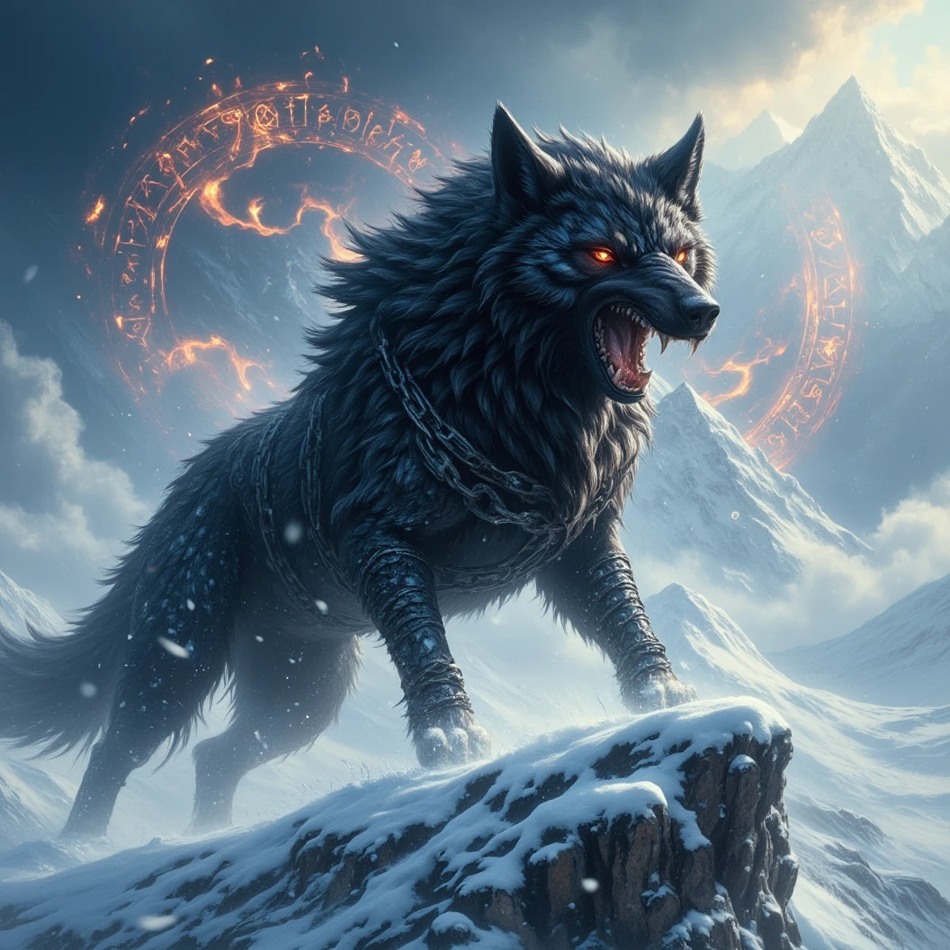 Ginormous black wolf sits like a guard at the peak of a snow covered mountain, looking over a snowfilled valley. Facing viewer. The wolf snarling and his eyes are fiery. His pelt is scarred and his body is wrapped in chains. A blizzard wails around him, blowing his thick black fur. Snow falling fast and being blown around. Fiery Viking runes appear in the sky behind him. The name "Cajun Fenrir" sketched in fiery letters between the runes in the sky. Dynamic movement, dynamic posing, High Resolution, Masterpiece, Cinematic, Depth Of Field, Image Fill, Floating particles 