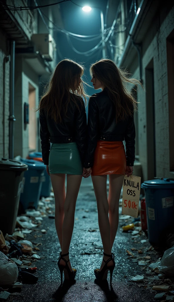 A realistic cinematic depiction of two beautiful young skinny aorexic women, aged ** to 19, standing together on a deserted dark Back alley at night, the back alley are full ov trash and trashcans, (One of the girls is holding an hand whitten paper sign Text "KNULLA OSS 500Kr"), (the girls have super long skinny anorexic legs), (extremely long skinny legs :1.9), long over the knee silk stockings, (short revealing skintight latex micro dresses—one in vibrant bright pink—each paired with a casual biker leather jacket draped over their shoulders). ((super tall platform 25inch high heels)), (Platform High heels), but their focus is elsewhere. Their faces are etched with visible fear and anxiety. One woman is clutching her jacket tightly around her chest, her wide eyes staring into the distance, while the other looks over her shoulder, her mouth slightly open as if gasping or about to scream. Their hair is super long and slightly tousled from the cold night breeze—one with loose waves and the other in a long messy ponytail. The back alley is dimly illuminated by a flickering streetlight, casting harsh shadows across the ground. Behind them, deep in the shadows, looms the faint silhouette huges man in black clothing and huddie over his head, he is holding a big knife, barely visible through the fog but undeniably menacing. The atmosphere is thick with tension and foreboding, as the women,s vulnerability contrasts sharply with the silent, oppressive darkness surrounding them.