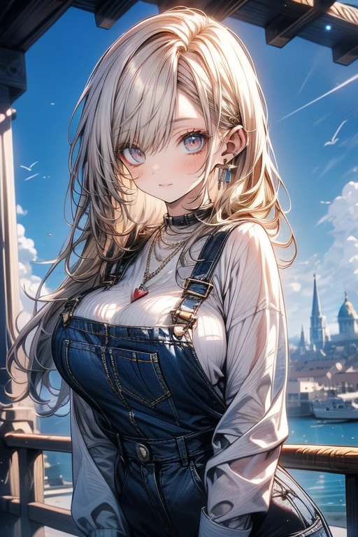 's greatest masterpiece、 top quality、8k、 waist anatomically correct、The cutest beautiful girl in the world 、 clear detailed face、smile、 overalls 、((Big Breasts))、 heart hand、 bright sunlight 、Warm Light、Clear Blue Sky 、 medieval European cityscapes