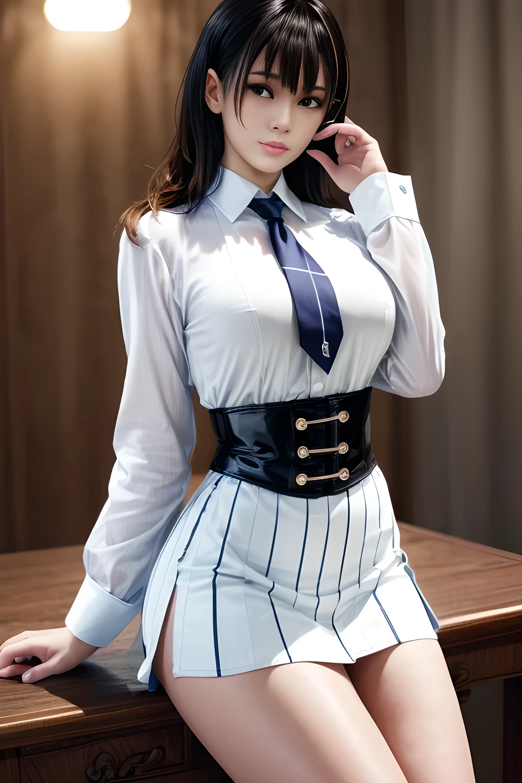 ((top-quality、8K、masterpiece:1.3))、Standing、foco nítido:1.2、(realisitic、Photorealsitic:1.37)、((A smile))、Feet to the viewer、Feet in front of the audience、advance、((Red fringe pocket tweed mini skirt))、Beautiful Face Woman、28 year old、pointed chest、NSFW、long eyeslashes、Colorcon、Big 、delicated、Very detailed eyes、Highly detailed eyebrows、((Beautiful ass))、(Sharp Eyebrows)、(Thin eyebrows)、very vey very detailed face、(Brunette short disheveled hair:1.3),Formal Blazer、micromini skirt、((Black thigh socks:1.4))、beautiful thigh、frombelow、Detailed background(8K、masterpiece、top-quality、Raw foto)、long boots、Touching the thigh、Raise one knee
