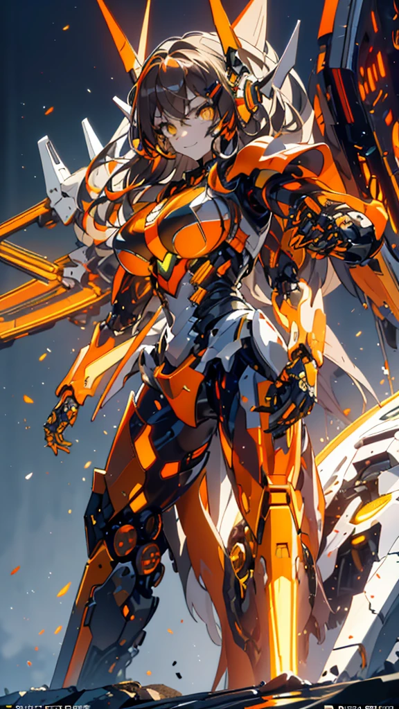 tachibana hibiki:0.8,brown eyes,seductive smile,brown hair,((long hair:1.1)),((very long hair:1.1)),((Medium Hair:1.1)),
gigantic breasts,hairclip,
(White background:1.4),(Nature illustration spring:1, Art Book，Art Books:1.3, quilt art:1.2),( Reasonable design, clear lines, High Definition,best quality, Very detailed, Movie lighting effects, 4K ),(Mecha suit:1.2),(Cool illustration:1.5),(watercolor painting:1.2),(1girl:1.0),girl,Black and orange pattern, fantasy, detailed picture,Cool smile,Cruel beauty,Gem-like brown eyes, Very beautiful eyes, The face is rich in detail, orange energy,(Glow orange: 1.5),supercomputer,nanometer，Satellite Anthropomorphism,Standing picture，Cool look,