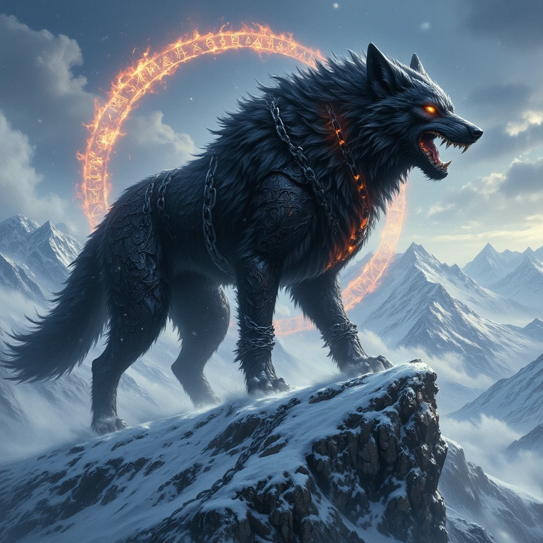 Ginormous black wolf sits like a guard at the peak of a snow covered mountain, looking over a snowfilled valley. Facing viewer. The wolf snarling and his eyes are fiery. His pelt is scarred and his body is wrapped in chains. A blizzard wails around him, blowing his thick black fur. Snow falling fast and being blown around. Fiery Viking runes appear in the sky behind him. The name "Cajun Fenrir" sketched in fiery letters between the runes in the sky. Dynamic movement, dynamic posing, High Resolution, Masterpiece, Cinematic, Depth Of Field, Image Fill, Floating particles 