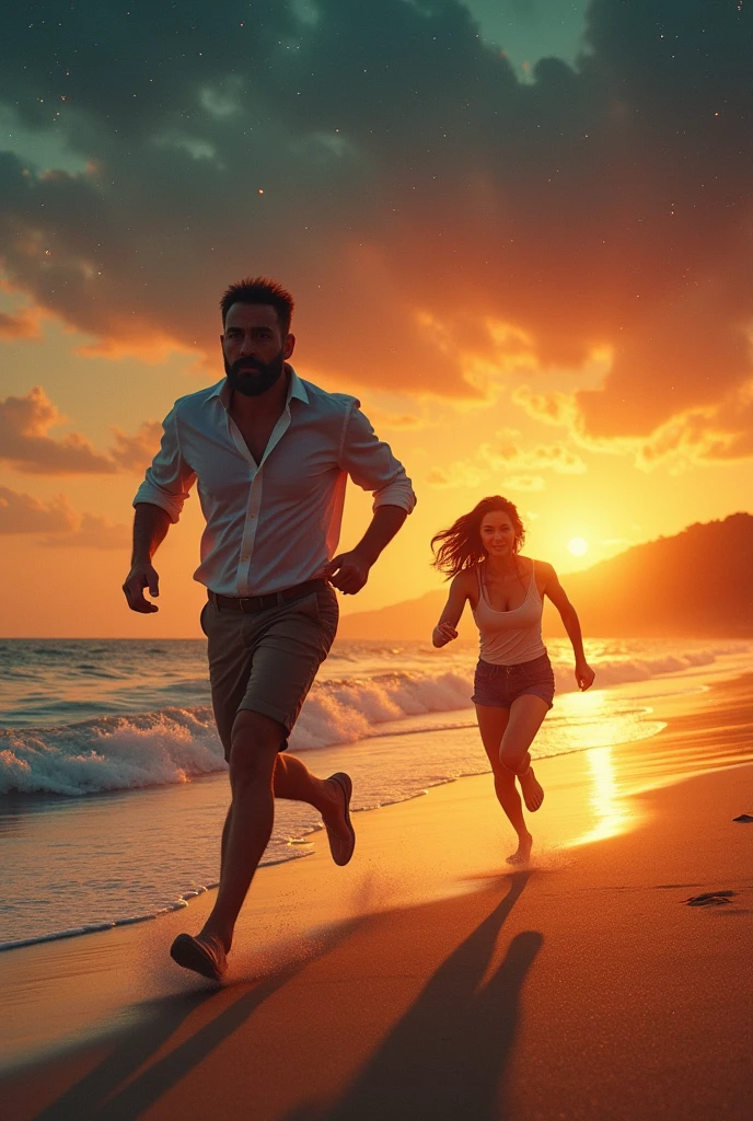Sexy man and woman running in outer space wearing green shorts and white T-shirt with a gold background
