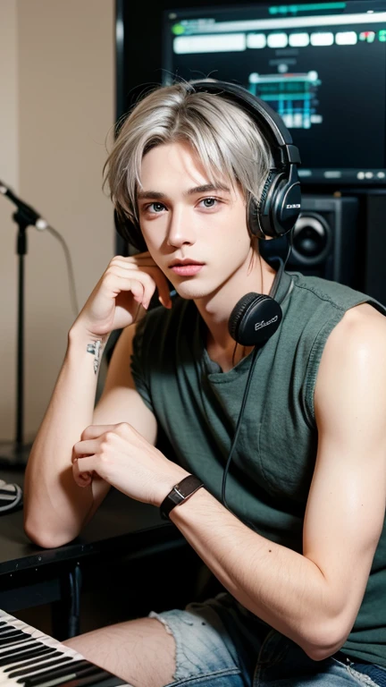 27 years old, American male, short silver hair, dark green eyes, wearing professional headphones, wild vibe, cool. He is a musician and recording in a music studio.