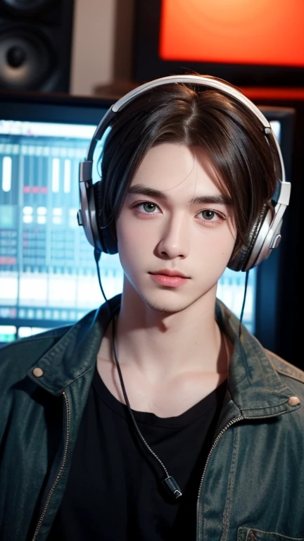 27 years old, American male, short silver hair, dark green eyes, wearing professional headphones, wild vibe, cool. He is a musician and recording in a music studio.