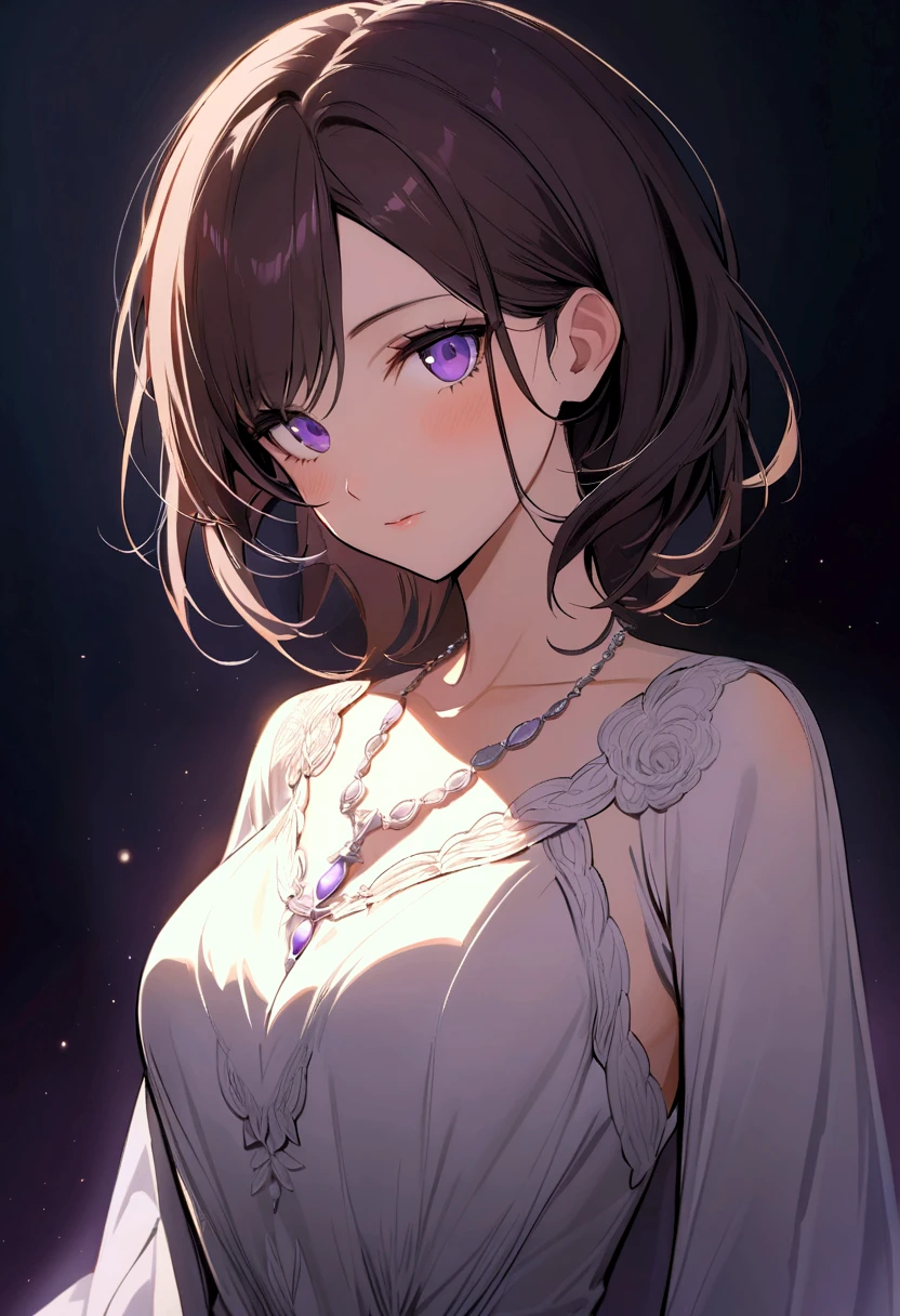 best quality,4k,8k,highres,masterpiece:1.2),ultra-detailed,realistic,photorealistic:1.37, HDR,UHD,studio lighting,ultra-fine painting,sharp focus,physically-based rendering,extreme detail description,professional,vivid colors,bokeh,girl,girls,beautiful detailed eyes,beautiful detailed lips,extremely detailed eyes and face,long eyelashes,portraits,landscape,girl with gorgeous purple hair (with white highlights),pink eyes,middle chest,sexy figure,toned stomach,luxurious white gown,white bow,lilies,happy,blushing,nighttime,moon,scattering flowers,elegant