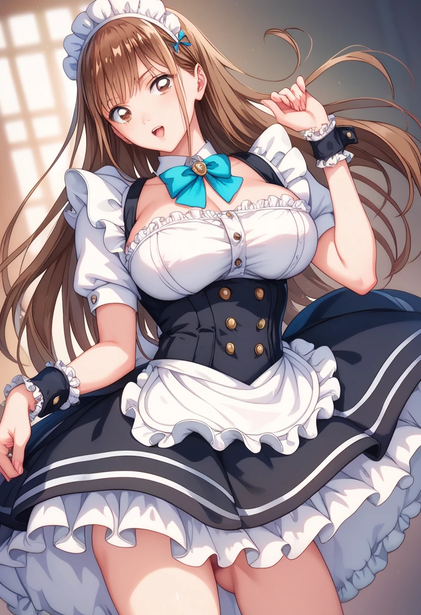 3DCG,  anatomically superior , charming anime girl  , [  digital art ],  high definition,  sexy poses,Highlight very big breasts ,  nasty poses, , 's greatest masterpiece, Emphasize open legs ,  slender body,  slender body, ,Chinatsu Shikano , brown hair and brown eyes , hairstyles are shortcuts, maid clothes 