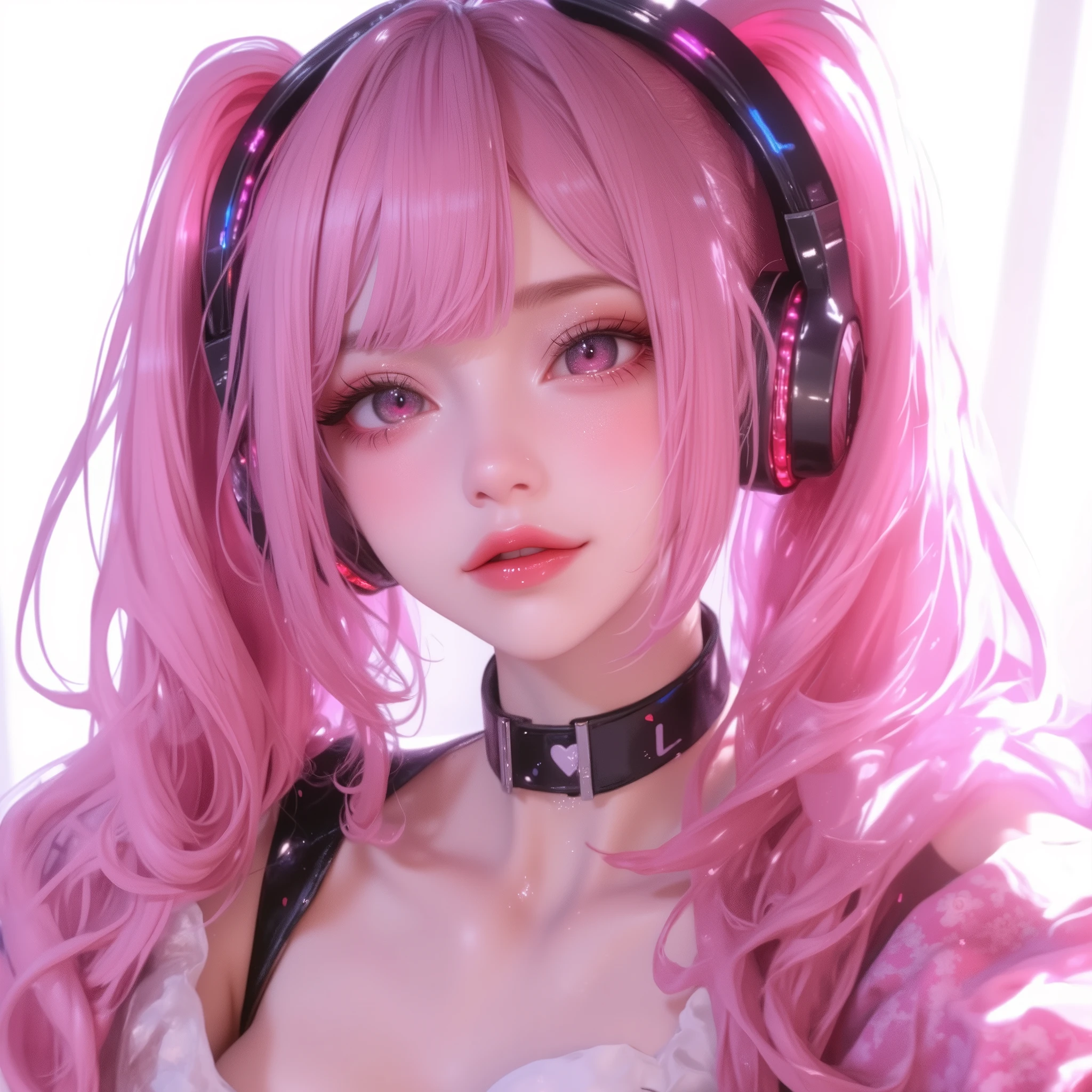 (Highest quality:1.24, Very detailed, Delicate and beautiful CG art, Detailed illustrations, High Contrast, masterpiece:1.2, Highest quality, Best aesthetics), woman, Pink long hair, Twin tails, Beautiful breasts, dancer, (Pink fine eyes, Beautiful Eyes), smile, Light background , Heart-shaped choker, (Pop Art), colorful, Shining Eyes, Hip Hop Costumes, Cropped tops, mini skirt, Headphones, look up, Hip Hop Style, Dance Floor.