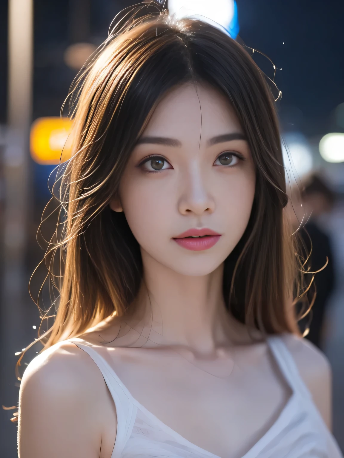 1 Girl, Tokyo Street,night,  cityscape , night view of the city,  upper body,close-up, 8K,  original photo,  best quality,  masterpiece, actual , photo- actual ,