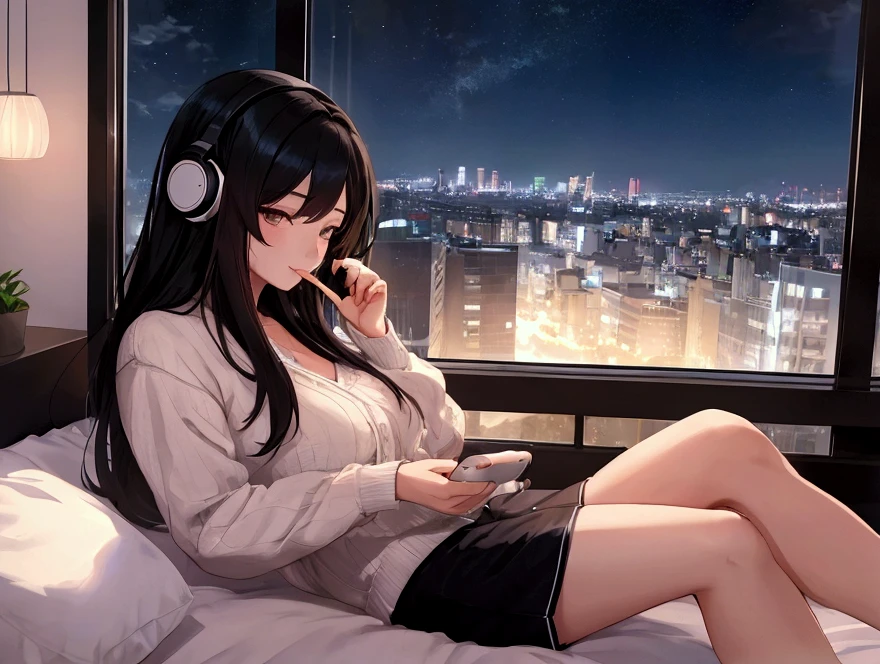 Girl with headphones enjoying music in a home I am studying Emphasize a little bit of the big chest Looking towards me with eyes closed Night Background