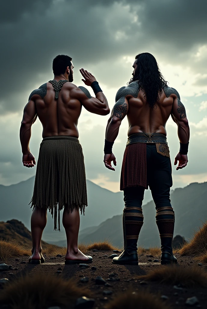 arafed man with long hair and a beard standing next to a man in a leather skirt, 2 muscular attractive men, two muscular men entwined, muscular men entwined together, jereme momoa as tarzan, hirstute and muscled, musclebound and hulking, jason momoa as conan, jason momoa as assyrian, jason momoa