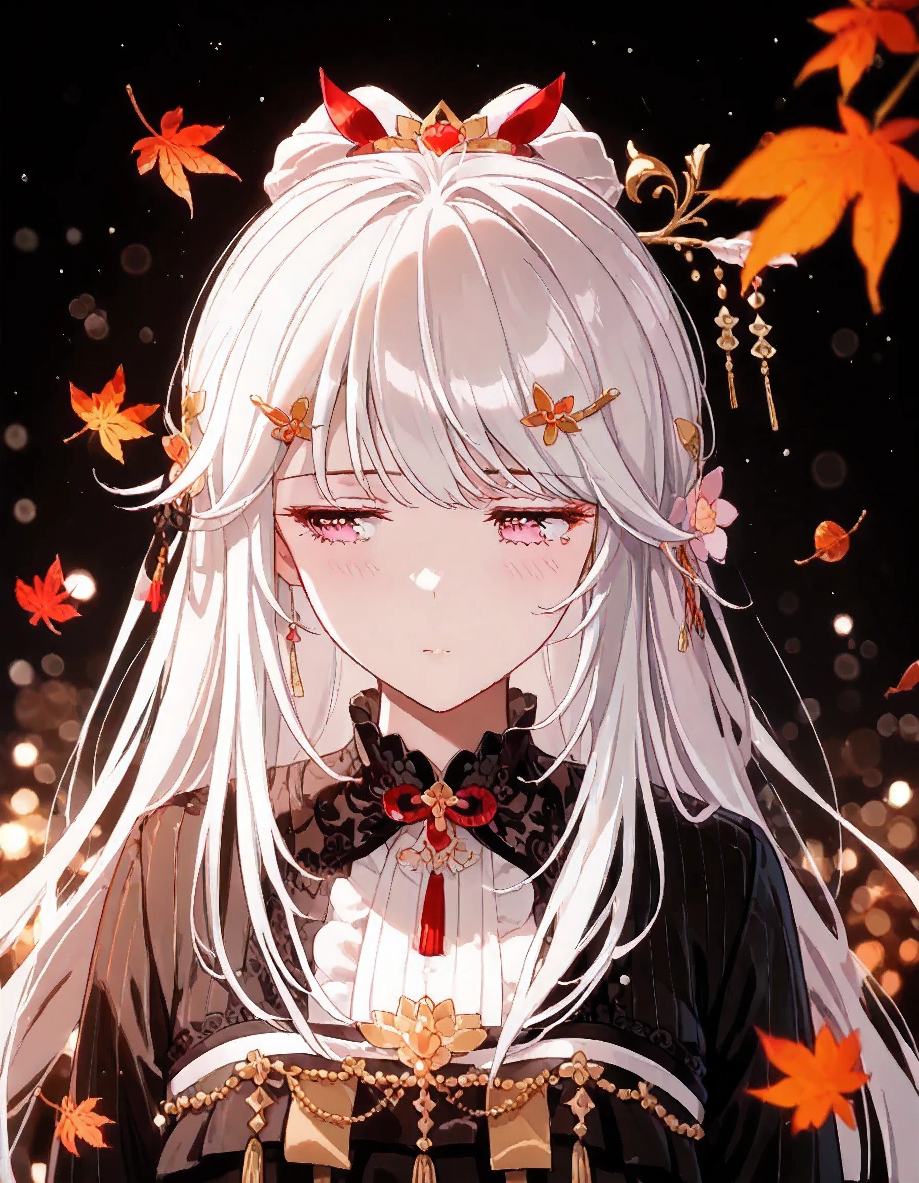 UN\(EOE\),one girl,solo,best quality, masterpiece,score_9, score_8_up, score_7_up,,break,1girl,(standing,dark bokeh background,close up,autum theme,dead leaves), (shaded Lighting),,break, incredibly_absurdres, ,very high resolution, very aesthetic,by famous artist, 8k, 16k,,beauty illustration,photoshop_(large),,(pink eyes:1.2,looking outside),(white hair|Detailed hair|long hair|hairpin|updo),(orange and black jacket,shirt,string,flower frills),(sleepy, depressed,emotionless,jitome),,one mole under eye,intense angle, f/16, Canon,upper body,