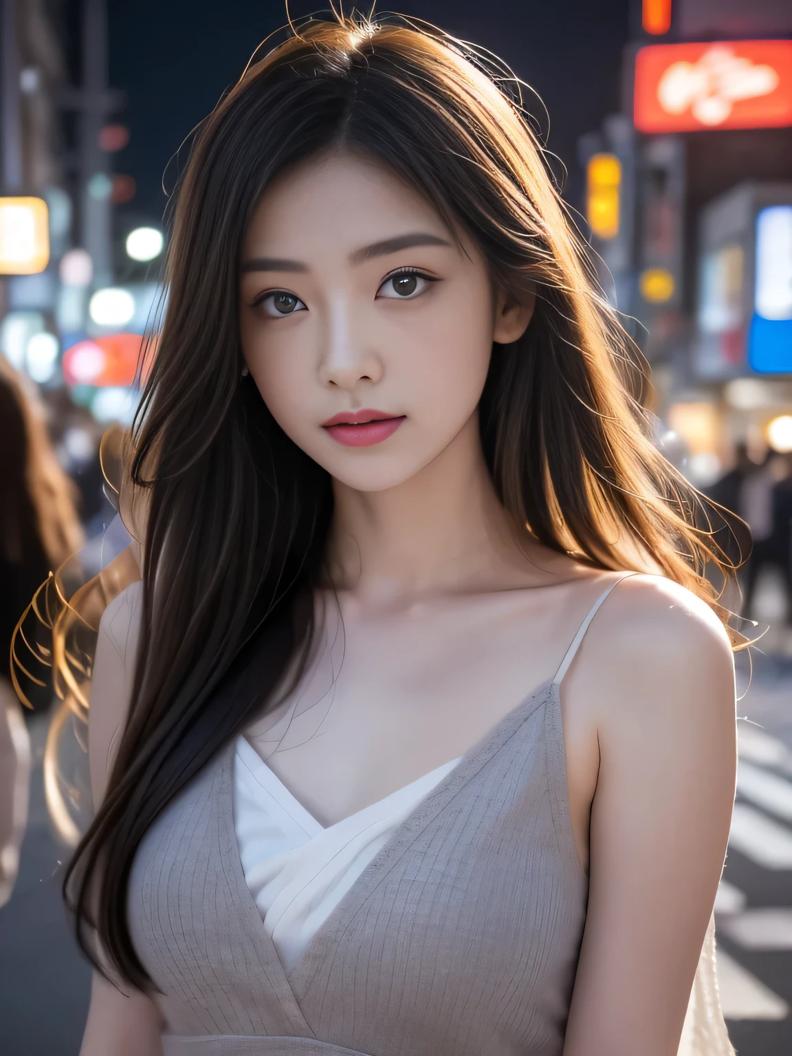 1 Girl, Tokyo Street,night,  cityscape , night view of the city,  upper body,close-up, 8K,  original photo,  best quality,  masterpiece, actual , photo- actual ,