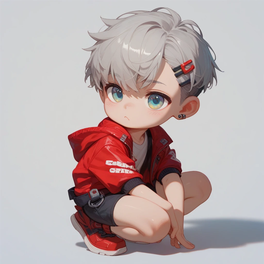 "A young boy with bright grey hair , short cut , bright skin, and the soft expression , wearing future clothing , red clothes.  The boy squat , wearing headphone.  The white background , gives full focus to the character of the boy , cute chibi , hair clip ,"