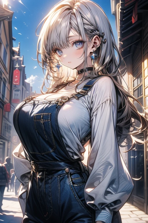 's greatest masterpiece、 top quality、8k、 waist anatomically correct、The cutest beautiful girl in the world 、 clear detailed face、smile、 overalls 、((Big Breasts))、 heart hand、 bright sunlight 、Warm Light、Clear Blue Sky 、 medieval European cityscapes