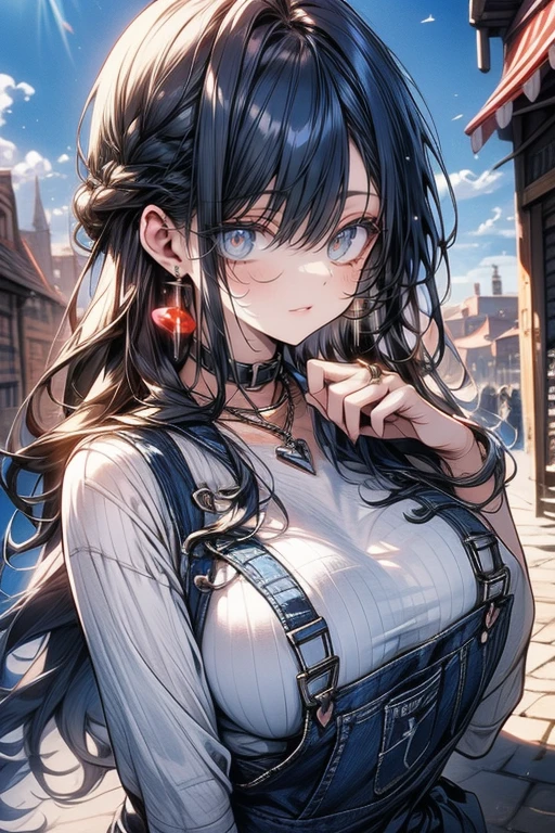 's greatest masterpiece、 top quality、8k、 waist anatomically correct、The cutest beautiful girl in the world 、 clear detailed face、smile、 overalls 、((Big Breasts))、 heart hand、 bright sunlight 、Warm Light、Clear Blue Sky 、 medieval European cityscapes