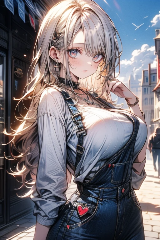 's greatest masterpiece、 top quality、8k、 waist anatomically correct、The cutest beautiful girl in the world 、 clear detailed face、smile、 overalls 、((Big Breasts))、 heart hand、 bright sunlight 、Warm Light、Clear Blue Sky 、 medieval European cityscapes