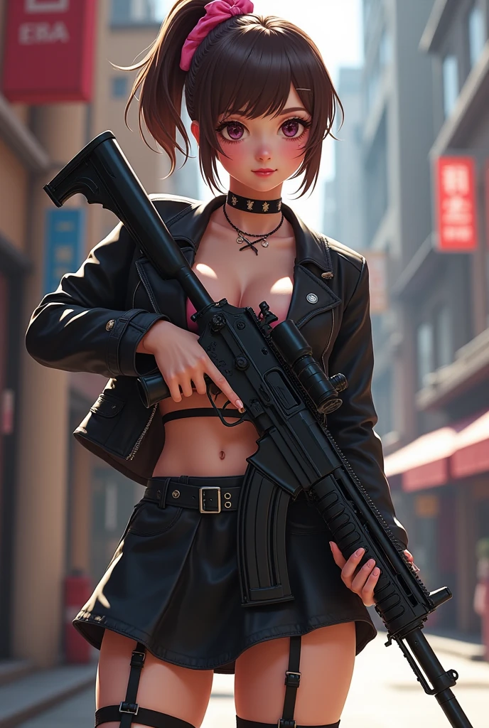 Ankha
Brown hair
Anubis ears
Wearing lingerie
Short hair
Devastated city background
Apocalyptic setting
Holding a rifle