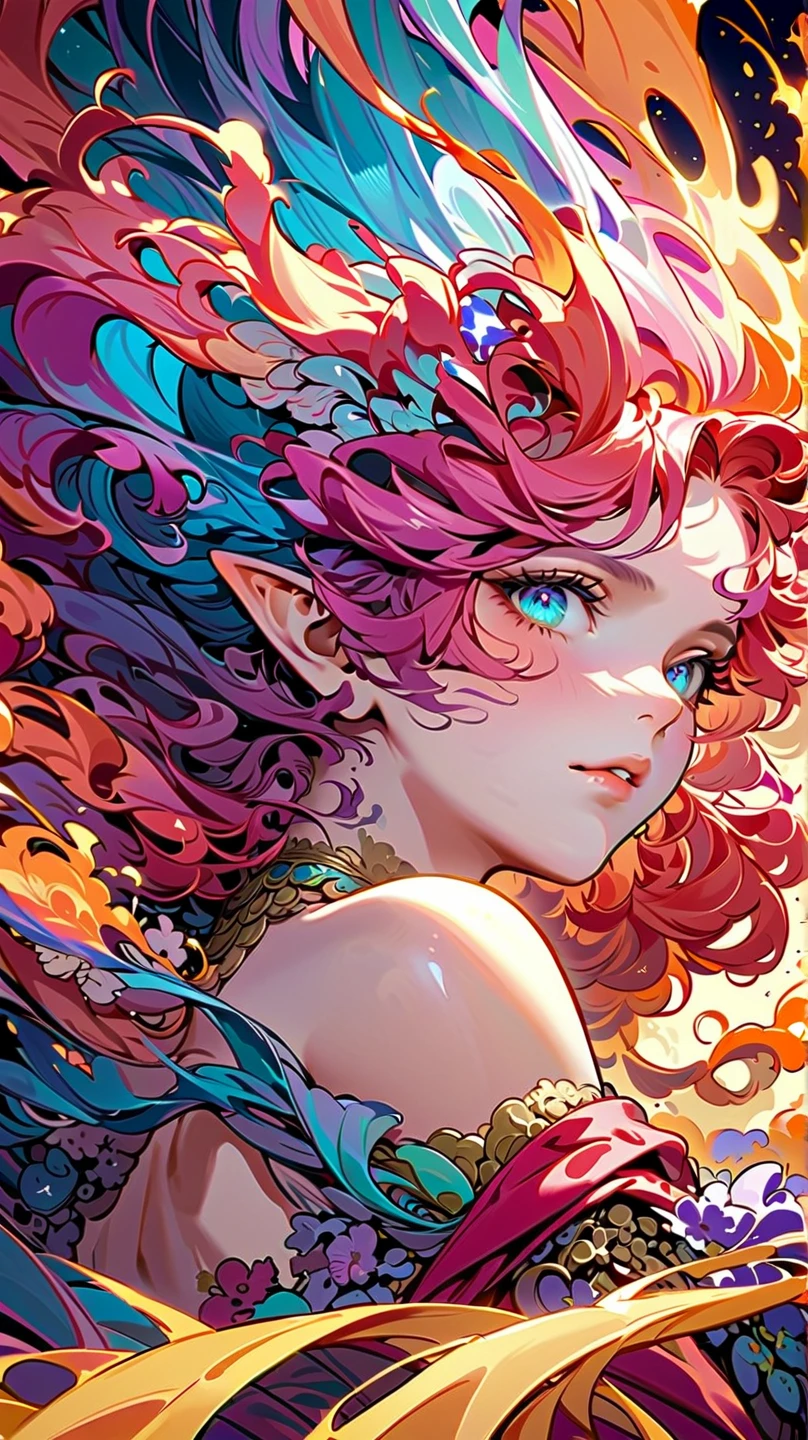 a red-haired fairy, long  curly hair, tattoo of a half moon on the chest, big-ass