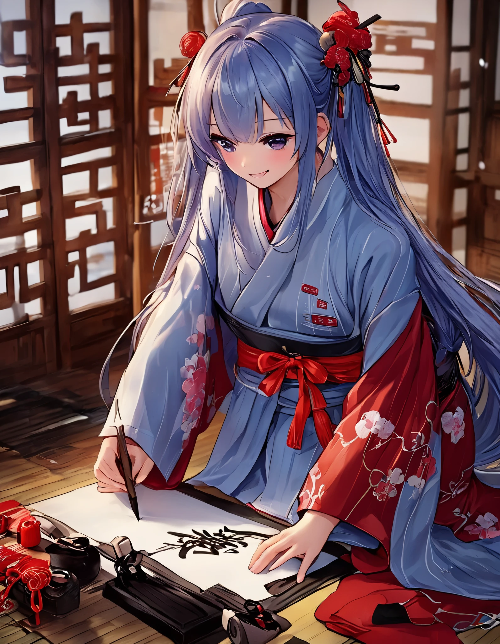  Light Blue Long Hair、 beautiful twin-tail girl、smile、Beautiful twin-tailed girl doing calligraphy 、Red kimono、