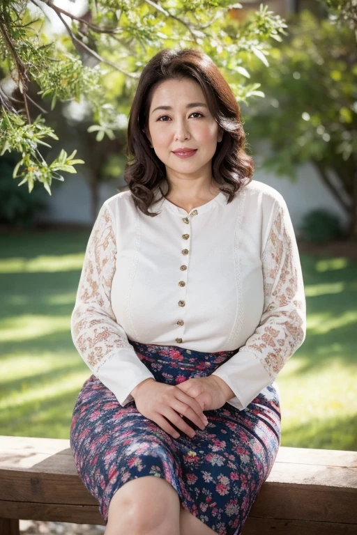 Very plump , (highest quality:1.3, 8k, masterpiece:1.3), Sharp focus, High resolution, Mustard Yellow Sweater, Short sleeve, short hair, Female, 57 years old, mature, かわいいsmile, Round face, Detailed lips, Red lipstick, Are standing, Slightly curvaceous, Large Breasts, Garden Background, smile