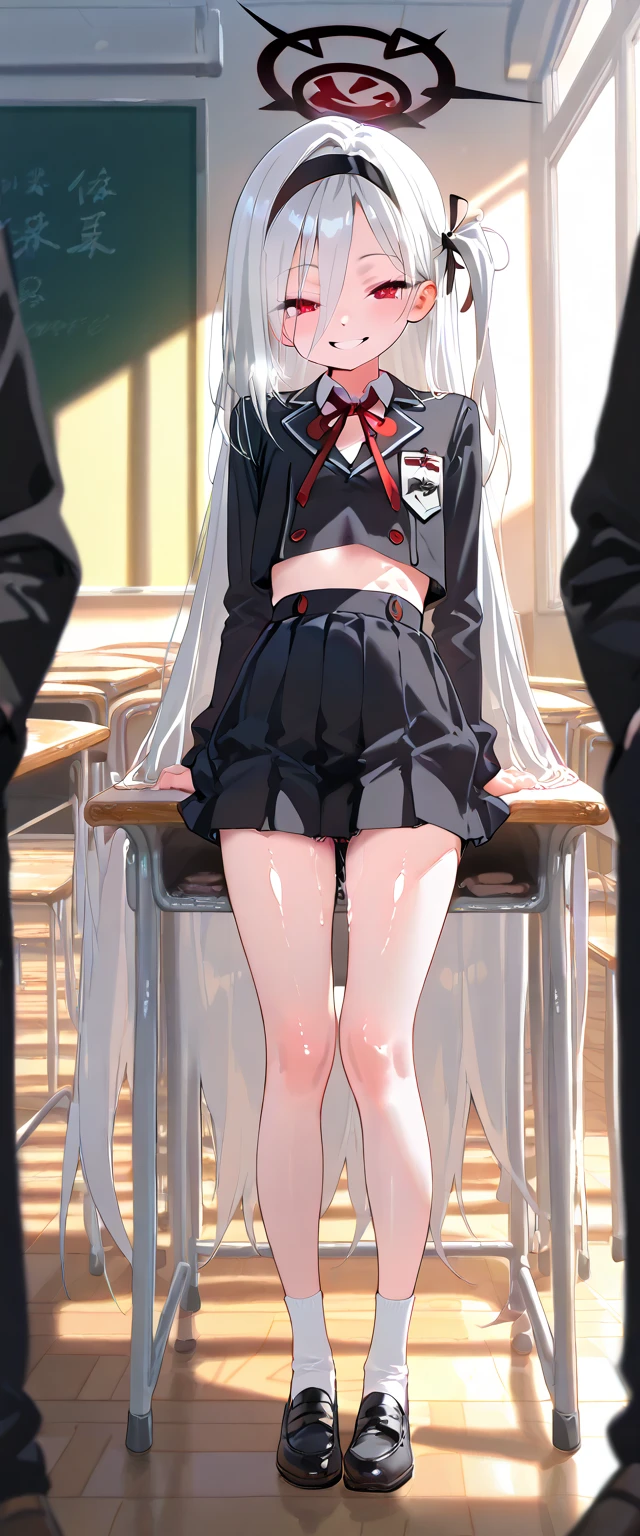 (ray tracing:0.3), (shiny skin),(masterpiece, best quality, amazing quality), perfect composition, 1girl, solo focus, full body, very long silver hair, red eyes, flat chest, black halo above head, smiling, school uniform, inside classroom