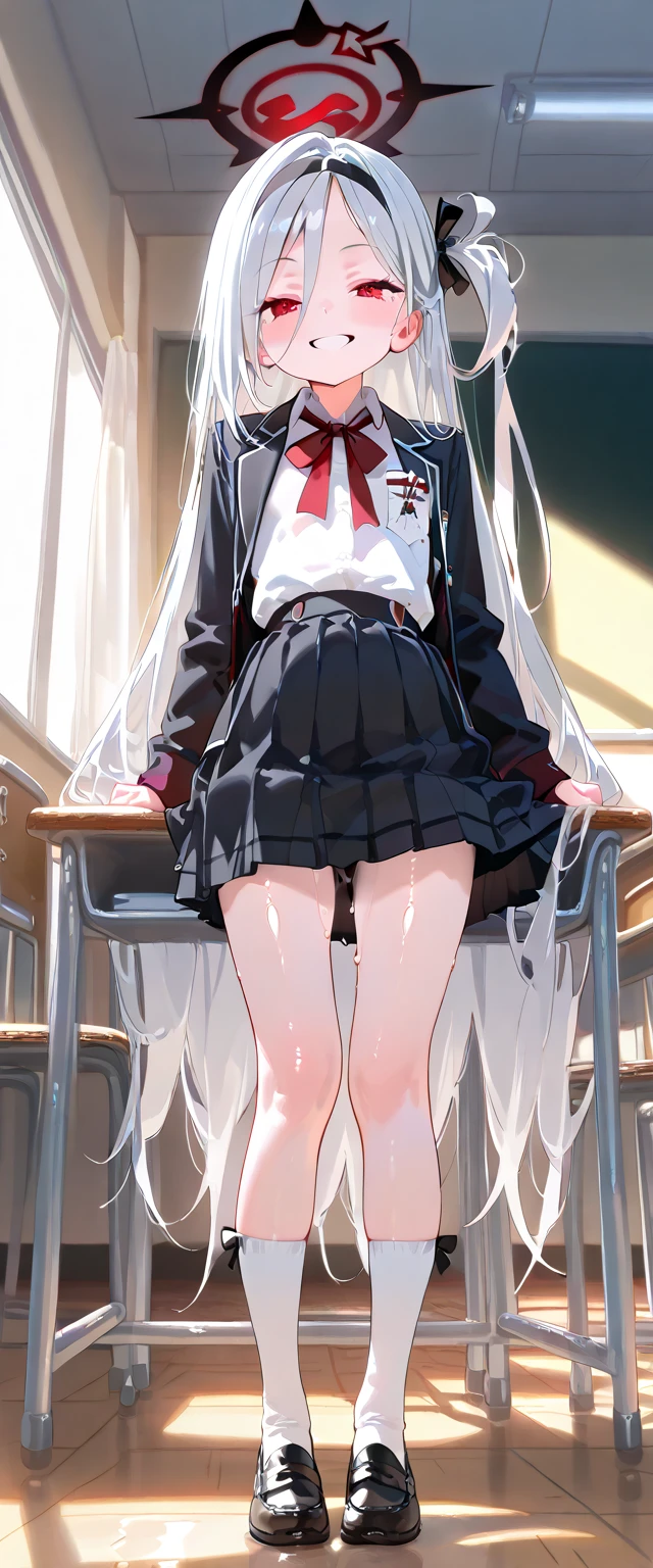 (ray tracing:0.3), (shiny skin),(masterpiece, best quality, amazing quality), perfect composition, 1girl, solo focus, full body, very long silver hair, red eyes, flat chest, black halo above head, smiling, school uniform, inside classroom