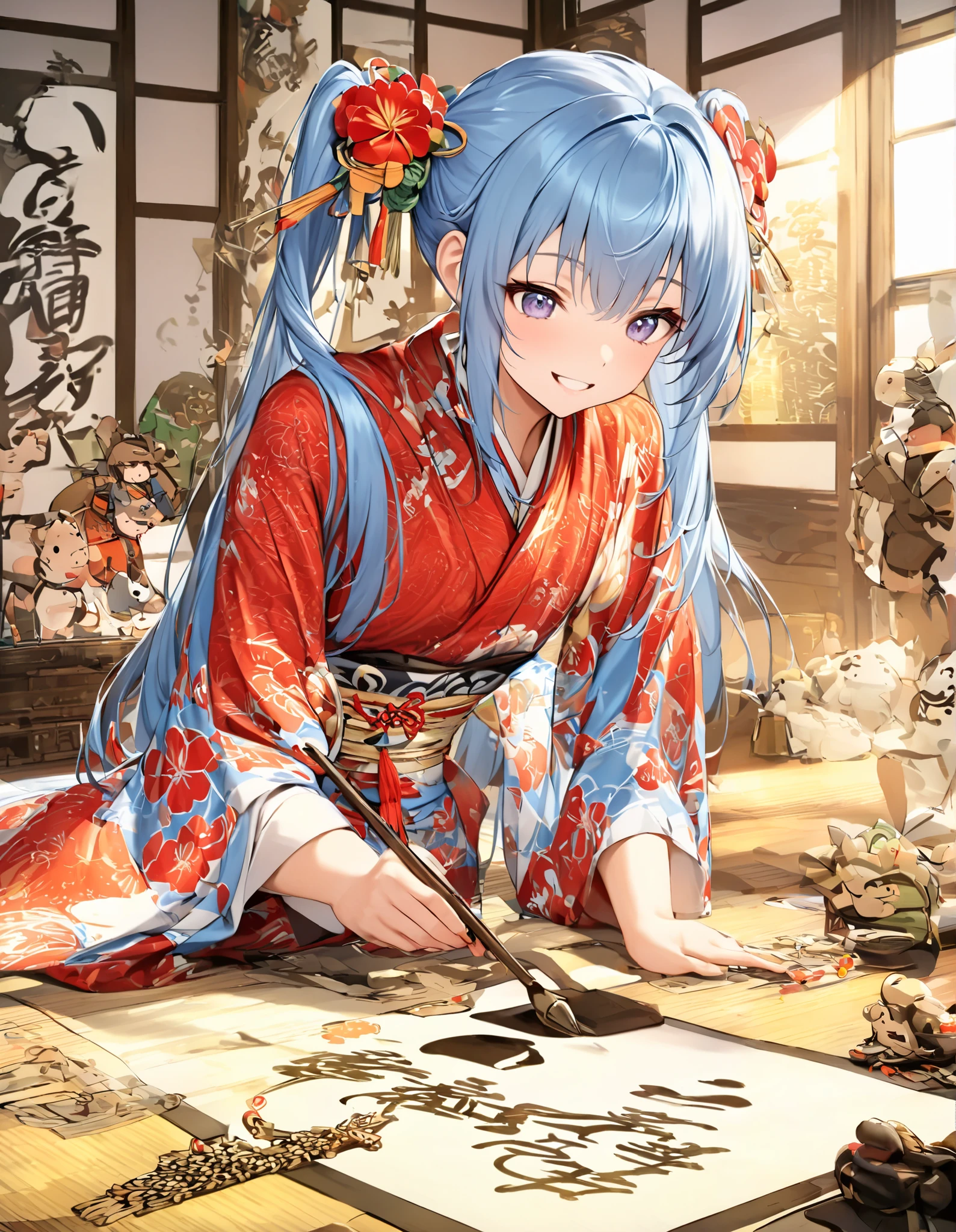  Light blue long hair、 twin-tailed little characters 、smile、 doing calligraphy in red kimono、 bright room、There are plum blossoms in the room 、