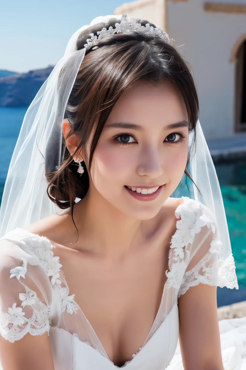  1 girl, ( wear a wedding dress:1.2), (Veil),  very beautiful Japanese idol portrait, ( lying down ),
( RAW photos,  top quality), ( realistic,  realistic:1.4), (masterpiece), 
 very delicate and beautiful,  very detailed, 2k wallpaper,  amazing on the beach, finely,  very detailed CG Unity 8K wallpaper,  very detailed,  high definition, Soft light, 
 girl with beautiful details wearing a navy blue blouse,  very detailed目と顔,  beautiful and sophisticated nose ,  beautiful beautiful eyes under the sun,  movie lighting, 
(Santorini church ), (bell), (Aegean Sea),
Perfect Anatomy,  slender body, ( small breasts), (A shy smile), whole body