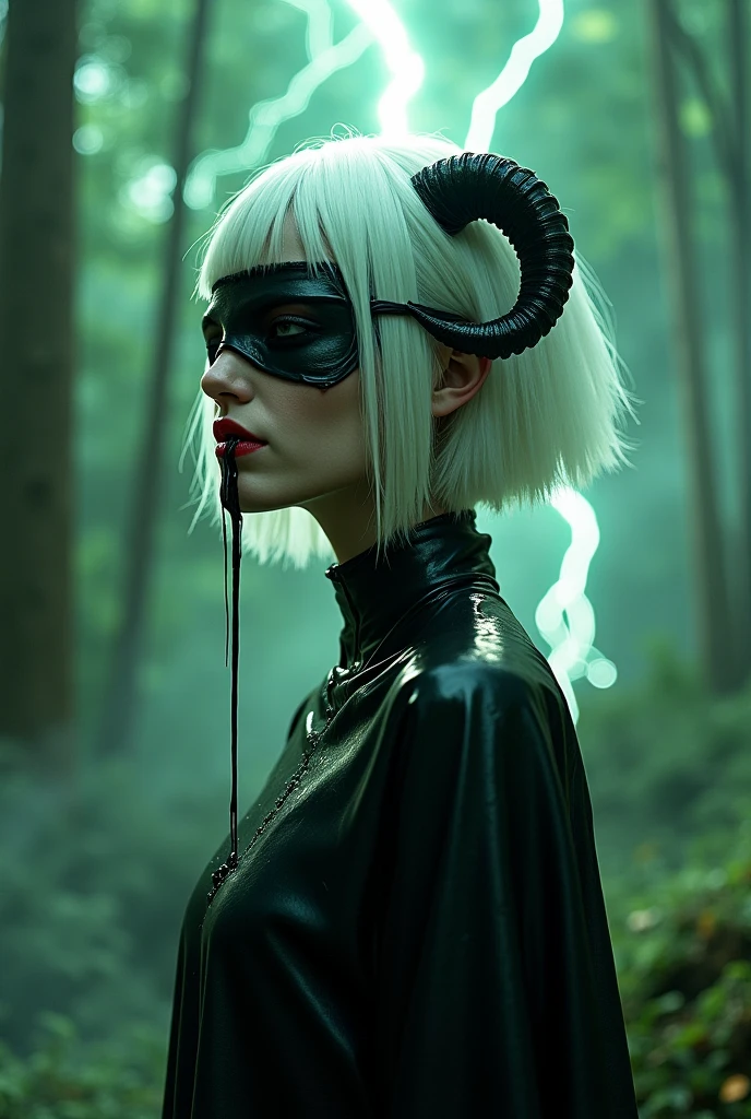 (Best Quality,hight resolution,Masterpiece, full body view:1.2),Ultra-detailed,demon woman with horns oozing black poison,dressed in a loose ((gothic black leather straitjacket)),standing in a horror sci fi scenario,horror sci fi aesthetic,gloomy ???????,fetish,dark gloomy atmosphere,gritty texture,Retro-atmosphere,warped reality,melancholic expression on his face,mysterious ,Subtle color palette,provocative pose,Strong emotions,Coming Out of the Depths of Despair,Piercing gaze,intense shadows,Plunged in Darkness,dark industrial , white short hair, Bangs, freckles, black eyes dripping petroil, full body