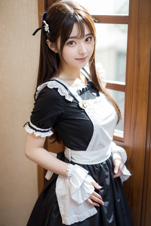 masterpiece、超High resolution、Pouring rain、雨でwhole bodyがずぶ濡れ、She is very cute and young like an idol..々Beautiful 18 year old Japanese girl、Gentle and cute、A kind smile Her job is a maid Walking on a sidewalk in a big city during heavy rain She is wearing a Japanese maid outfit、Small bust Maid uniform that shows cleavage whole body、RAW Photos、Genuine、High resolution、Life、No copyright notice