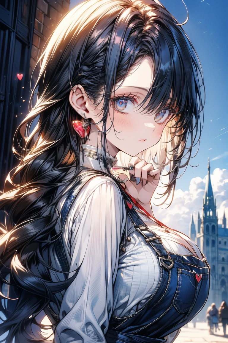 's greatest masterpiece、 top quality、8k、 waist anatomically correct、The cutest beautiful girl in the world 、 clear detailed face、smile、 overalls 、((Big Breasts))、 heart hand、 bright sunlight 、Warm Light、Clear Blue Sky 、 medieval European cityscapes