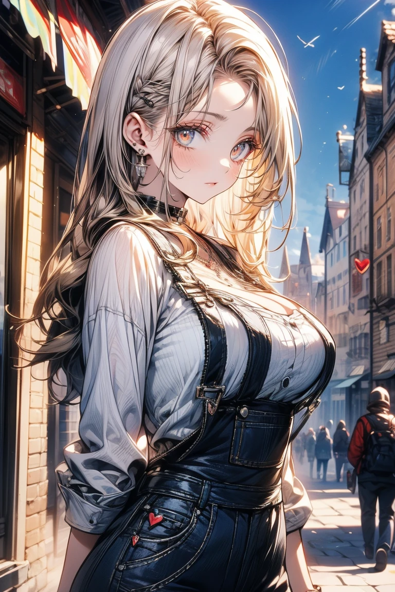 's greatest masterpiece、 top quality、8k、 waist anatomically correct、The cutest beautiful girl in the world 、 clear detailed face、smile、 overalls 、((Big Breasts))、 heart hand、 bright sunlight 、Warm Light、Clear Blue Sky 、 medieval European cityscapes