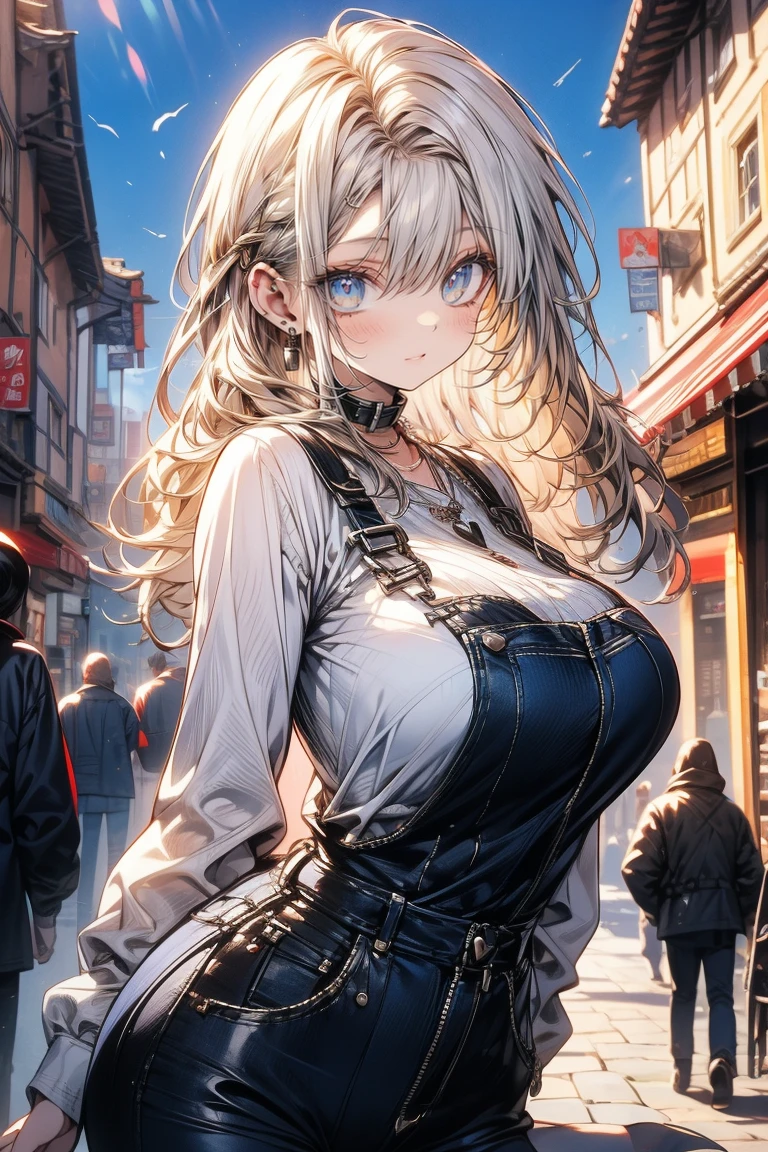 's greatest masterpiece、 top quality、8k、 waist anatomically correct、The cutest beautiful girl in the world 、 clear detailed face、smile、 overalls 、((Big Breasts))、 heart hand、 bright sunlight 、Warm Light、Clear Blue Sky 、 medieval European cityscapes