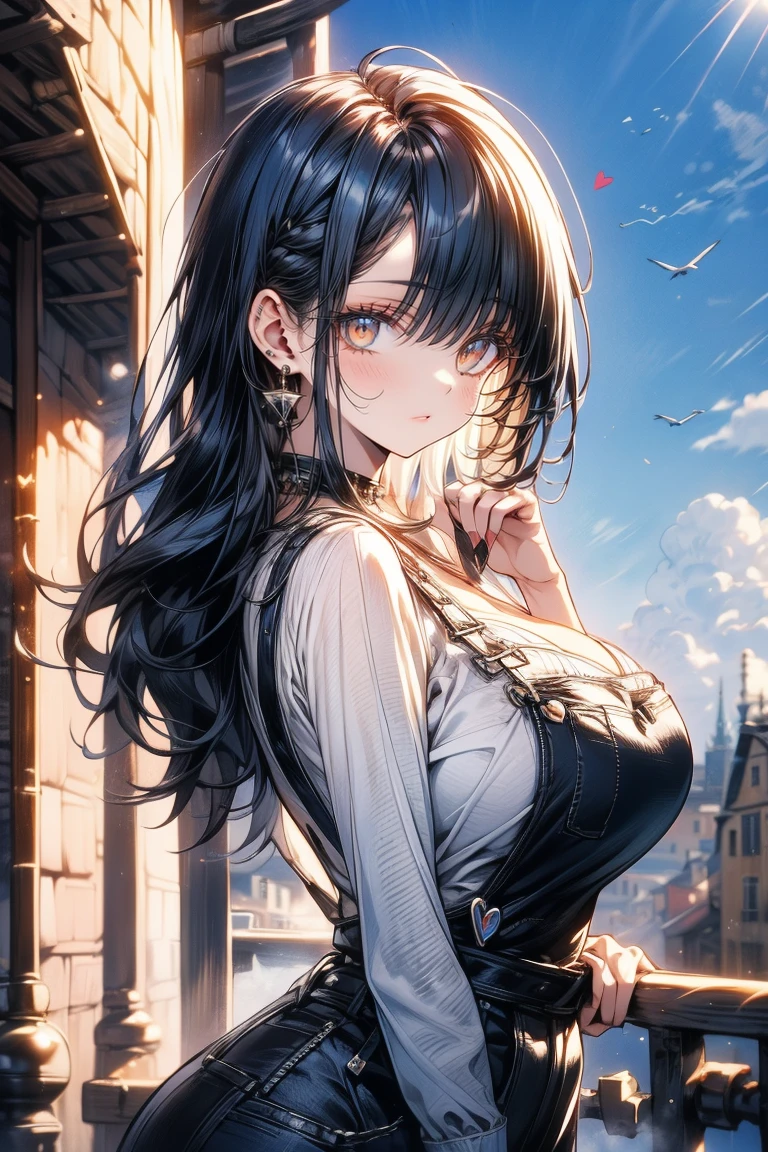 's greatest masterpiece、 top quality、8k、 waist anatomically correct、The cutest beautiful girl in the world 、 clear detailed face、smile、 overalls 、((Big Breasts))、 heart hand、 bright sunlight 、Warm Light、Clear Blue Sky 、 medieval European cityscapes