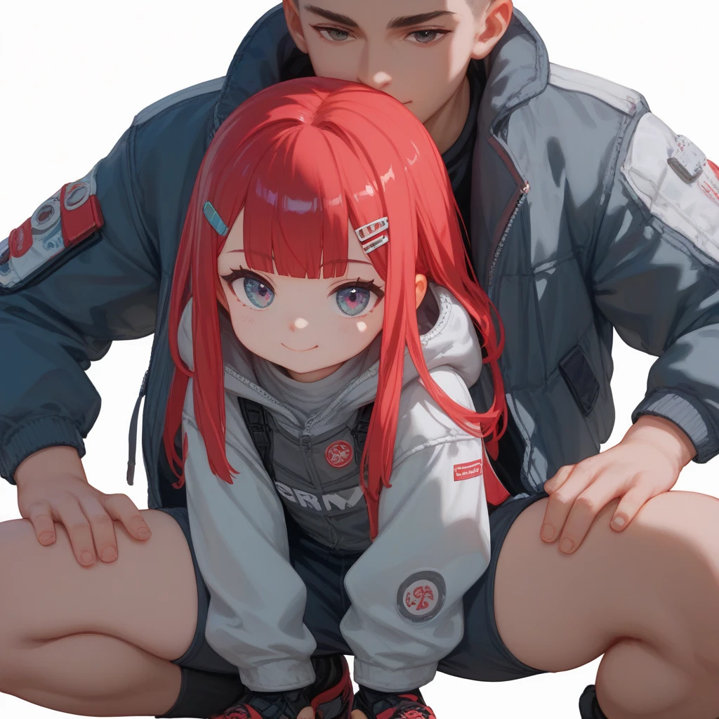 "A young boy with bright red hair , hime cut , bright skin, and the soft expression , wearing future clothing , grey clothes.  The boy squatting poses , wearing headphone.  The white background , gives full focus to the character of the boy , cute chibi , hair clip ,"