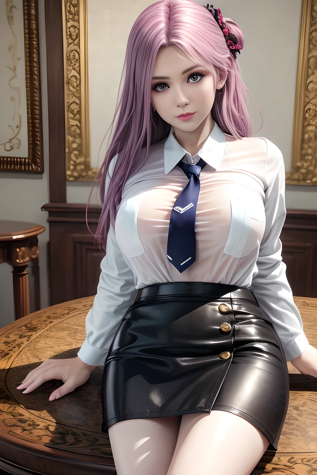 1girl,wearing a (white shirt: 1.4) on the upper body, with a simple blue tie at the neckline, and the cuffs are buttoned neatly, which looks very capable. She is wearing a black (hip skirt: 1.2) on the lower body, which tightly wraps her hips and shows her beautiful curves. The skirt is just above the knee, revealing her slender and straight calves, matched with a pair of black high heels, which makes her figure more upright. Her hair is neatly tied behind her head, and a few strands of hair fall naturally on both sides of her cheeks, adding a bit of gentleness. There are documents on the table, ,huge breasts,(masterpiece:1.4),( best quality:1.4), cowboy shoot,