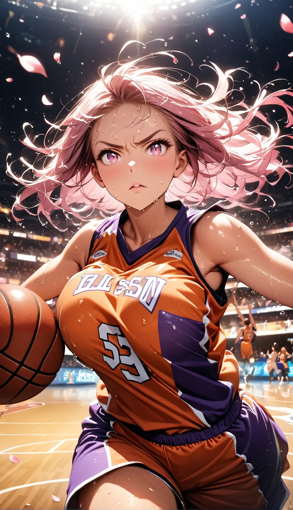 (Sports magazine cover photo), Highest quality, Great quality, 16K, Unbelievably absurd, Very detailed, delicate and dynamic, Natural light, The particles reflect light, Diffuse reflection of light, Many rainbow-colored petals fall, Beautiful street, Sparkling Sun, Diffuse reflection of light, Create amazing image effects, , Wet, sweating, Basketball Game, receive, Close-up(Cute sexy girl, big bouncing busts, Sensual expression, Cool girl, Serious, passion, Dynamic, Flashy Basketball uniform, ,audience , much-air-laden cheer)