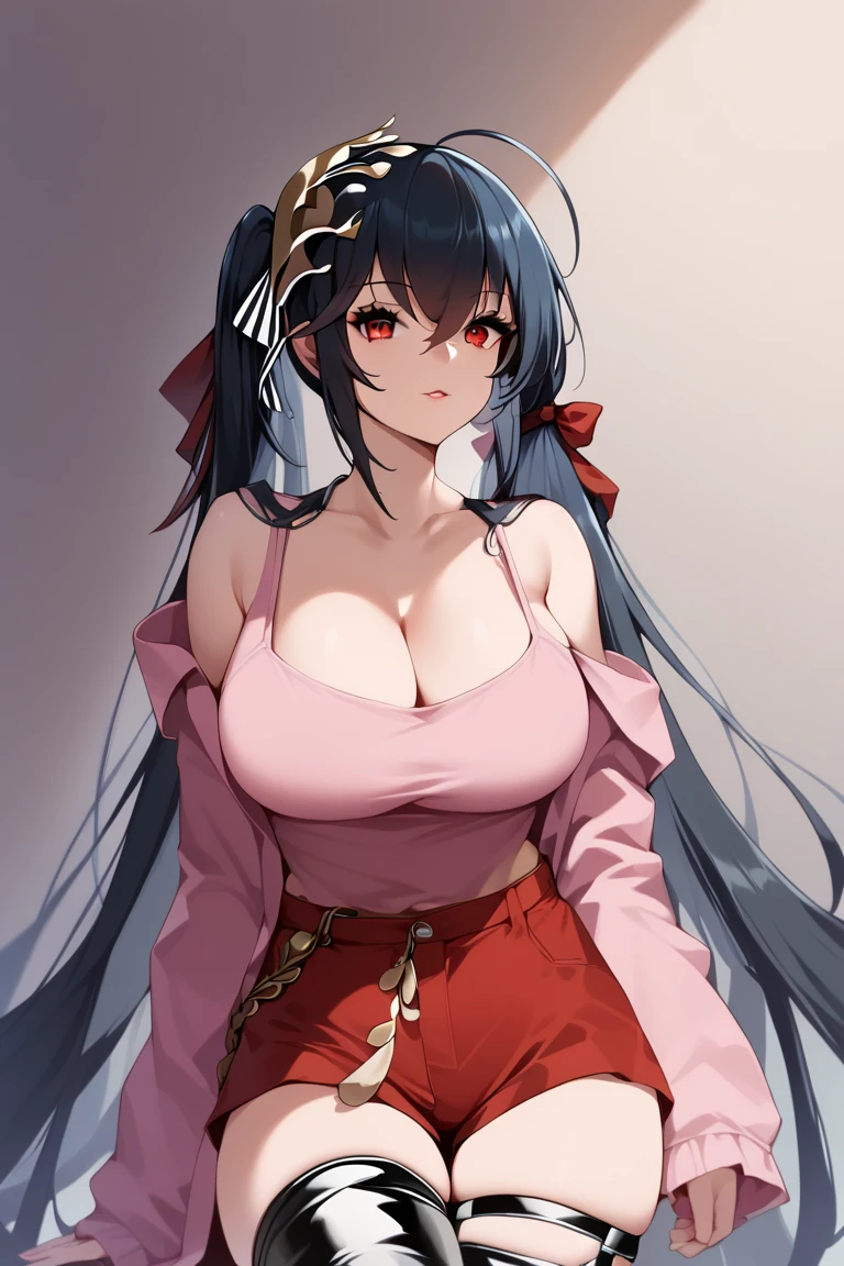 High detailed, aatai, Taihou (Azur Lane), long hair, black hair, twintails, ahoge, hair ribbon, red eyes, large breasts, collarbone, bare shoulders, off shoulder, cleavage, striped, casual clothes, pink shirt, wide sleeves, short shorts, little chain on the shorts, red shorts, black thighhighs