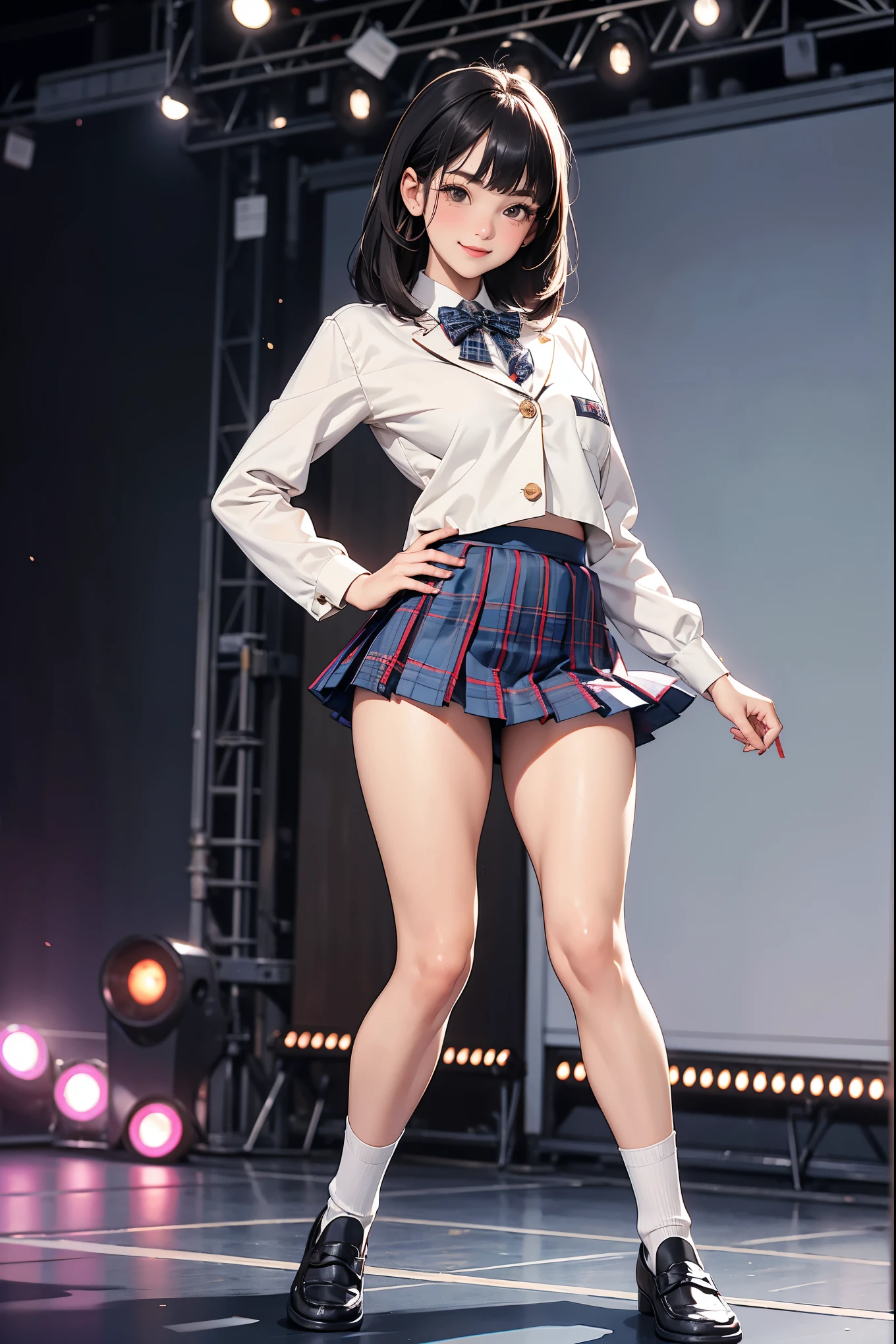 (8k), (highest quality: 1.2), (Realistic), (Realistic: 1.37), Ultra-high resolution, 1 girl, cute, (Embarrassed smile:1.2), (Blushing:1.4)Mouth closed, Beautiful details, Beautiful Nose, Wet Hair, ponytail ,Giant Dulcefo, pork, Thighs,Navel exposed,University Student Uniform,A simple blazer,Pleated skirt,(The skirt and tie are gray tartan check pattern.:1.3),Platform boots,Dancing on the school stage,(Shiny legs:1.2),Medium Shot,(Thick thighs:1.2),Super Low Angle,Dance vigorously,Thigh-high socks