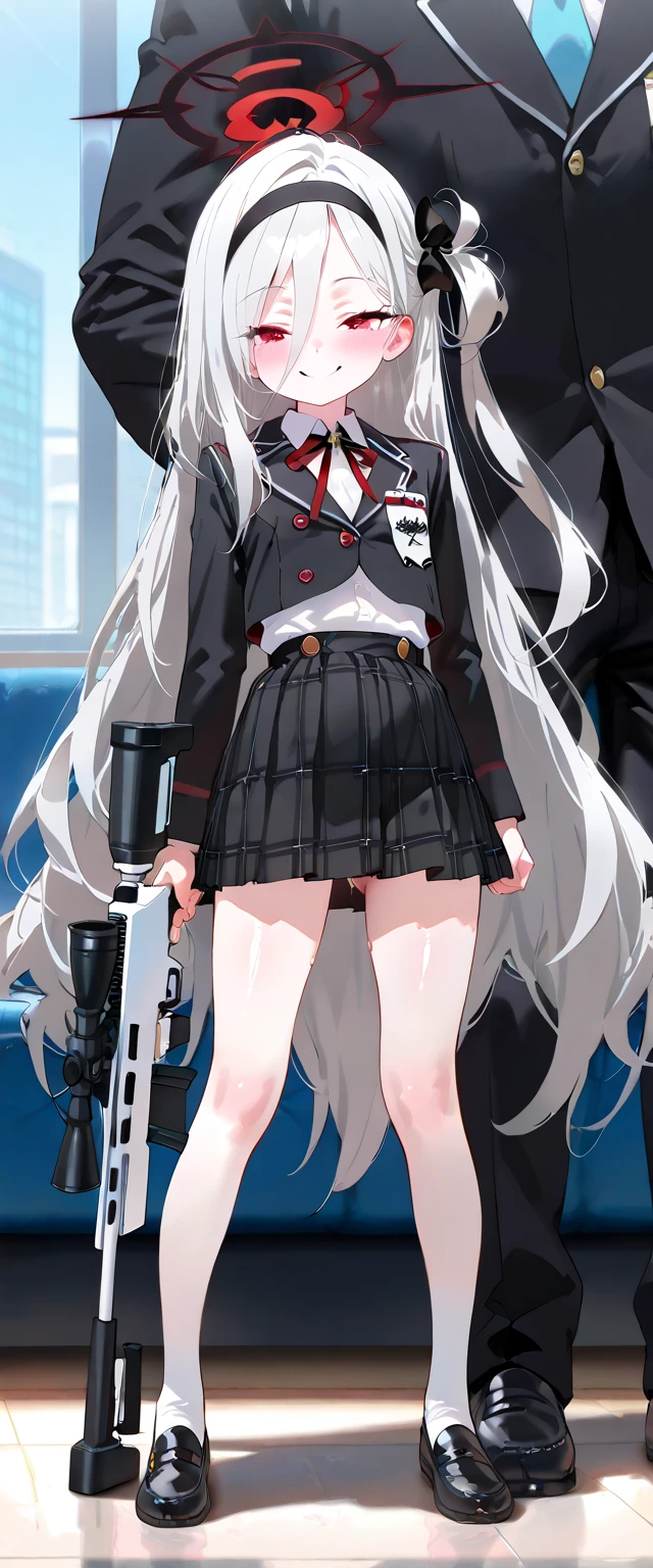 (ray tracing:0.3), (shiny skin),(masterpiece, best quality, amazing quality), perfect composition, 1girl, solo focus, full body, very long silver hair, red eyes, flat chest, black and white halo above head, smile, blush, school uniform, holding a sniper rifle