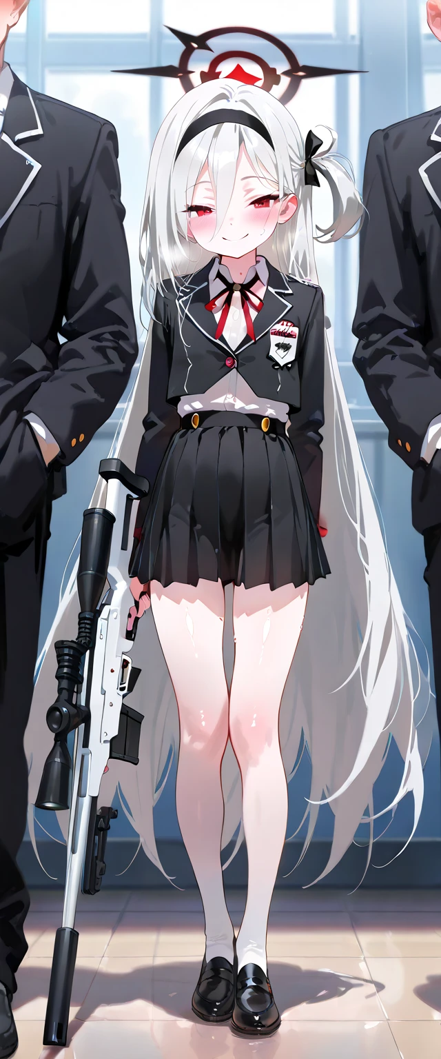 (ray tracing:0.3), (shiny skin),(masterpiece, best quality, amazing quality), perfect composition, 1girl, solo focus, full body, very long silver hair, red eyes, flat chest, black and white halo above head, smile, blush, school uniform, holding a sniper rifle