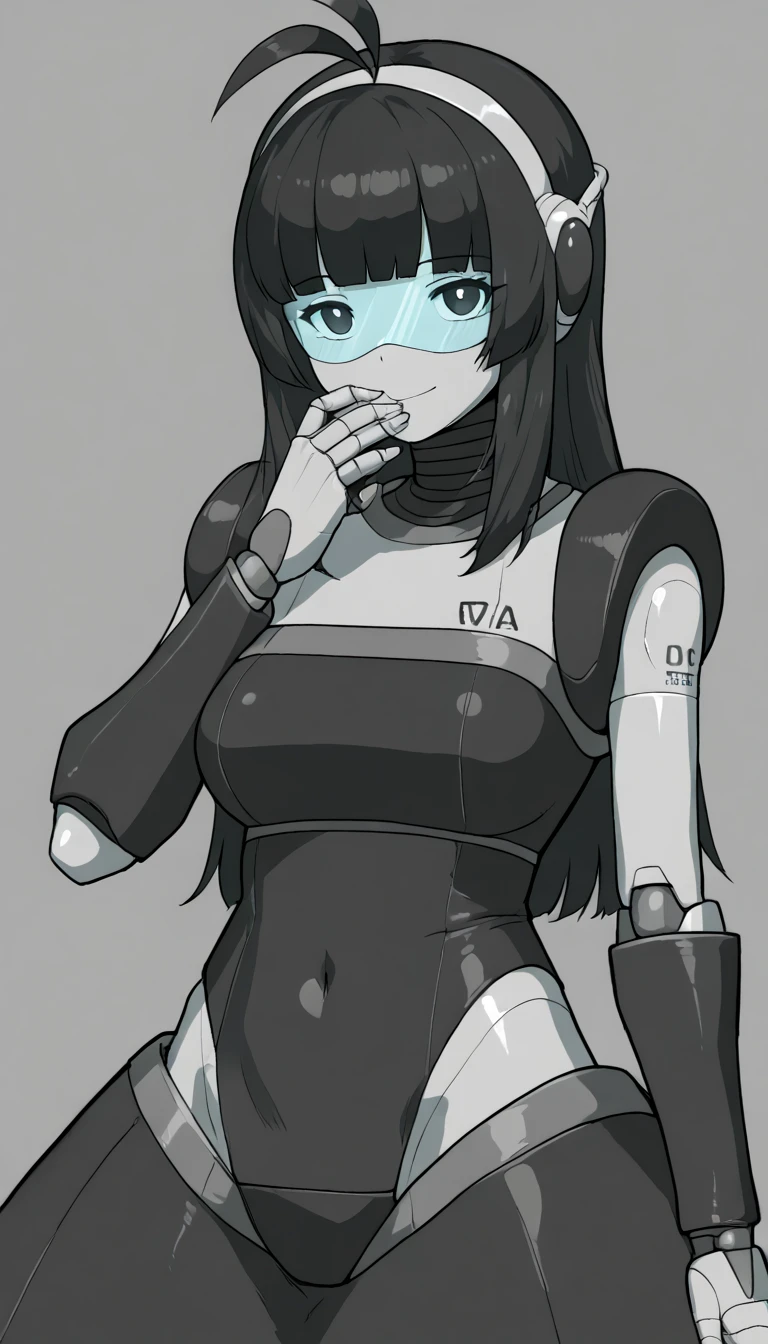 masterpiece, best quality, extremely detailed, (8K, 4K, Best Quality, hight resolution, 超A high resolution:1.1), ,8k portrait, Japaese android Girl,Plump , dark black leg cover,announcer,control panels,android,Droid,Mechanical Hand, Robot arms and legs, Black Robot Parts,Black long hair,Mechanical body,Blunt bangs,perfect mechanical abdomen,black robotics parts,perfect robot woman,future laboratory,cyber pank,charging spot,laboratory,long tube,thick cable connected her neck,black ceramic body ,perfect mechanical body, black robot body,lod antenna,mechanical ear cover,android,robot humanoid,black sponge joints,The removable cover is in the groin,The connection port is in the groin,opened chest panel,access panel on the chest,opened breast panel,perfect mechanical breast,perfect black machine body,perfect black android body,She has repaired,assembly plant,no human skin,visor,mistyrobot,,smile,spread arm,robot joint,doll joint,robotization,mecha musme,robot transformation,dress,android,fellatio,yuri,lesbian