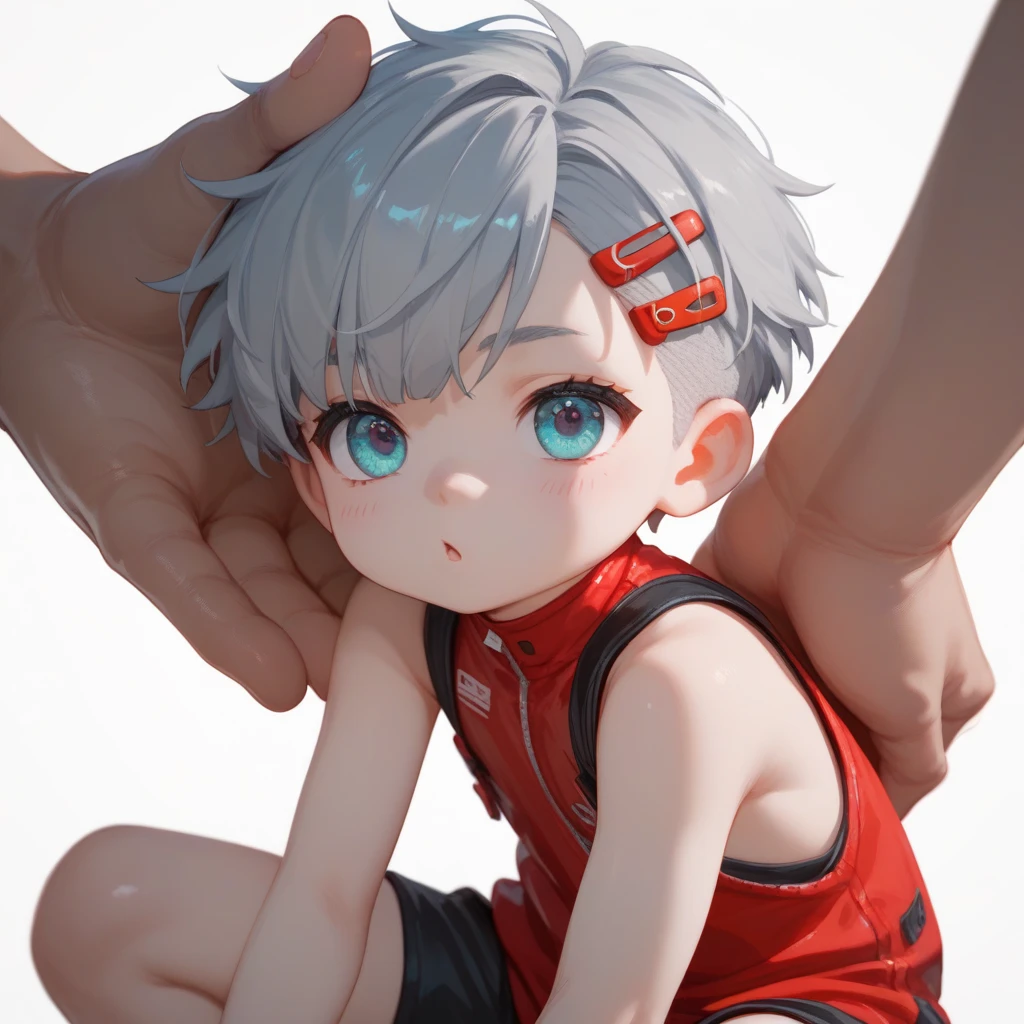 "A young boy with bright grey hair , short cut , bright skin, and the soft expression , wearing future clothing , red clothes.  The boy squat , wearing headphone.  The white background , gives full focus to the character of the boy , cute chibi , hair clip ,"