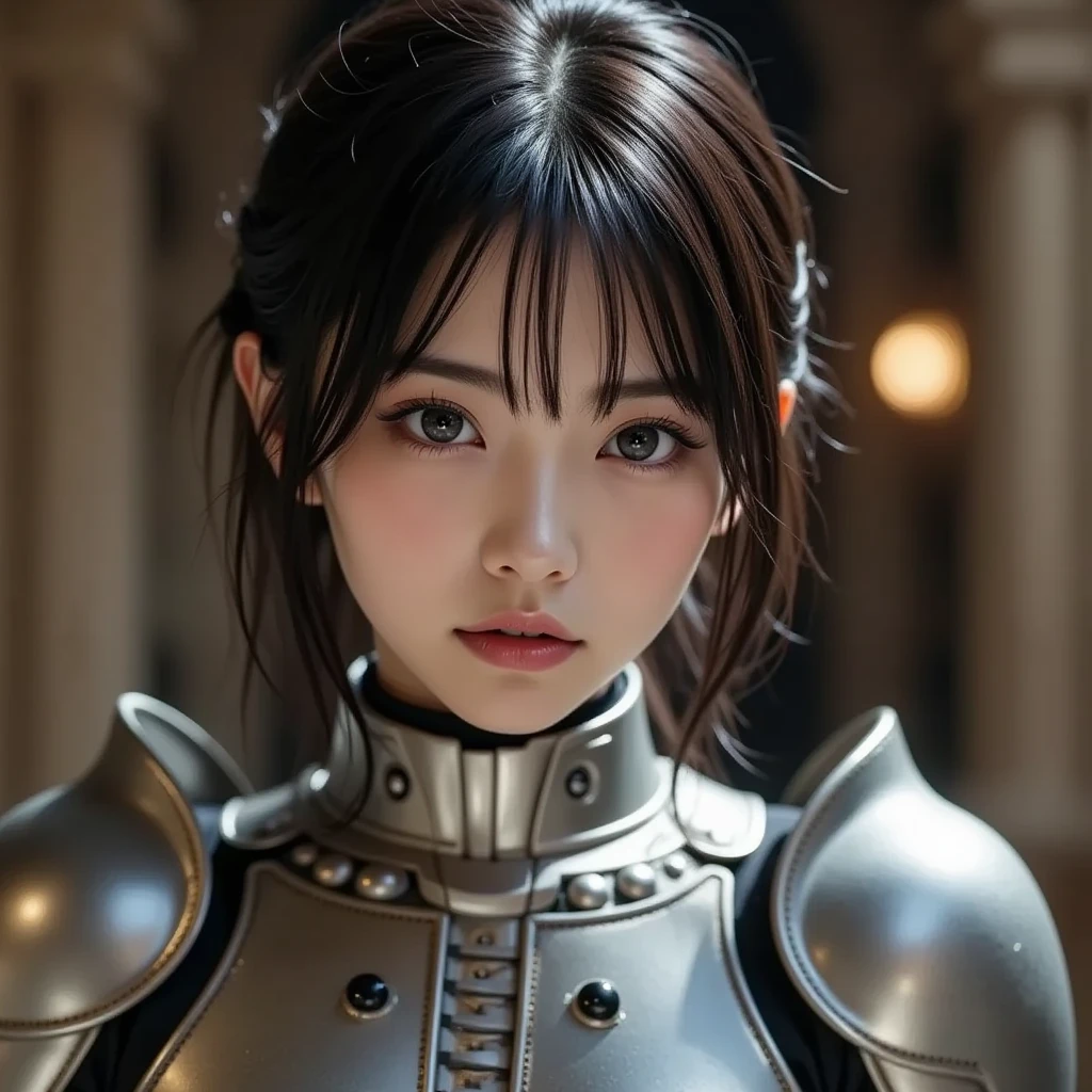 Masterpiece, 1 Beautiful Girl, Detailed, Swollen Eyes, Top Quality, Ultra High Resolution, (Reality: 1.4), Original Photo, 1Girl, Cinematic Lighting, Smiling, Japanese, Asian Beauty, Korean, Clean, Super Beautiful, Little Young Face, Beautiful Skin, Slender, Cyberpunk Background, (ultra realistic), (high resolution), (8K), (very detailed), (best illustration), (beautifully detailed eyes), (super detailed), (wallpaper), (detailed face), viewer looking, fine detail, detailed face, pureerosfaceace_v1, smiling, 46 point slanted bangs, looking straight ahead, neat clothes, black colored eyes, silver armor, armor, short navy blue skirt, hair color red, body facing front,