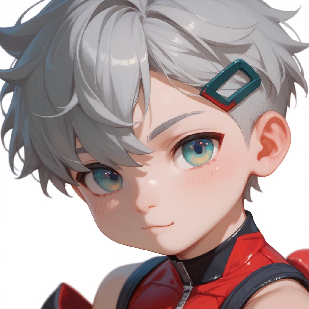 "A young boy with bright grey hair , short cut , bright skin, and the soft expression , wearing future clothing , red clothes.  The boy squat , wearing headphone.  The white background , gives full focus to the character of the boy , cute chibi , hair clip ,"